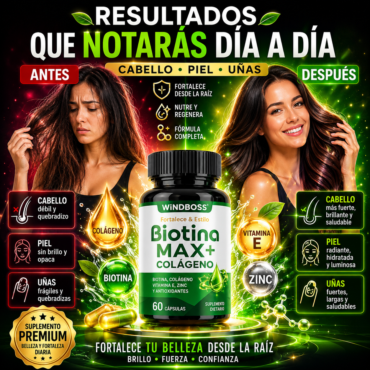 BiotinaMax – Colágeno Hidrolizado con Biotina para Cabello Más Fuerte, Piel Radiante y Uñas Resistentes