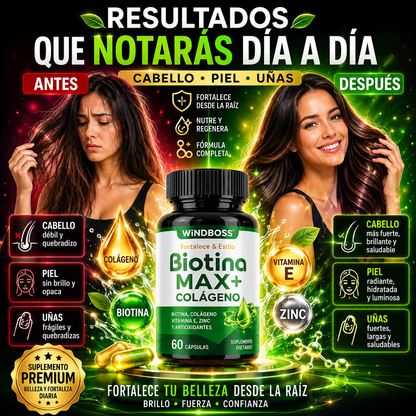 BiotinaMax – Colágeno Hidrolizado con Biotina para Cabello Más Fuerte, Piel Radiante y Uñas Resistentes