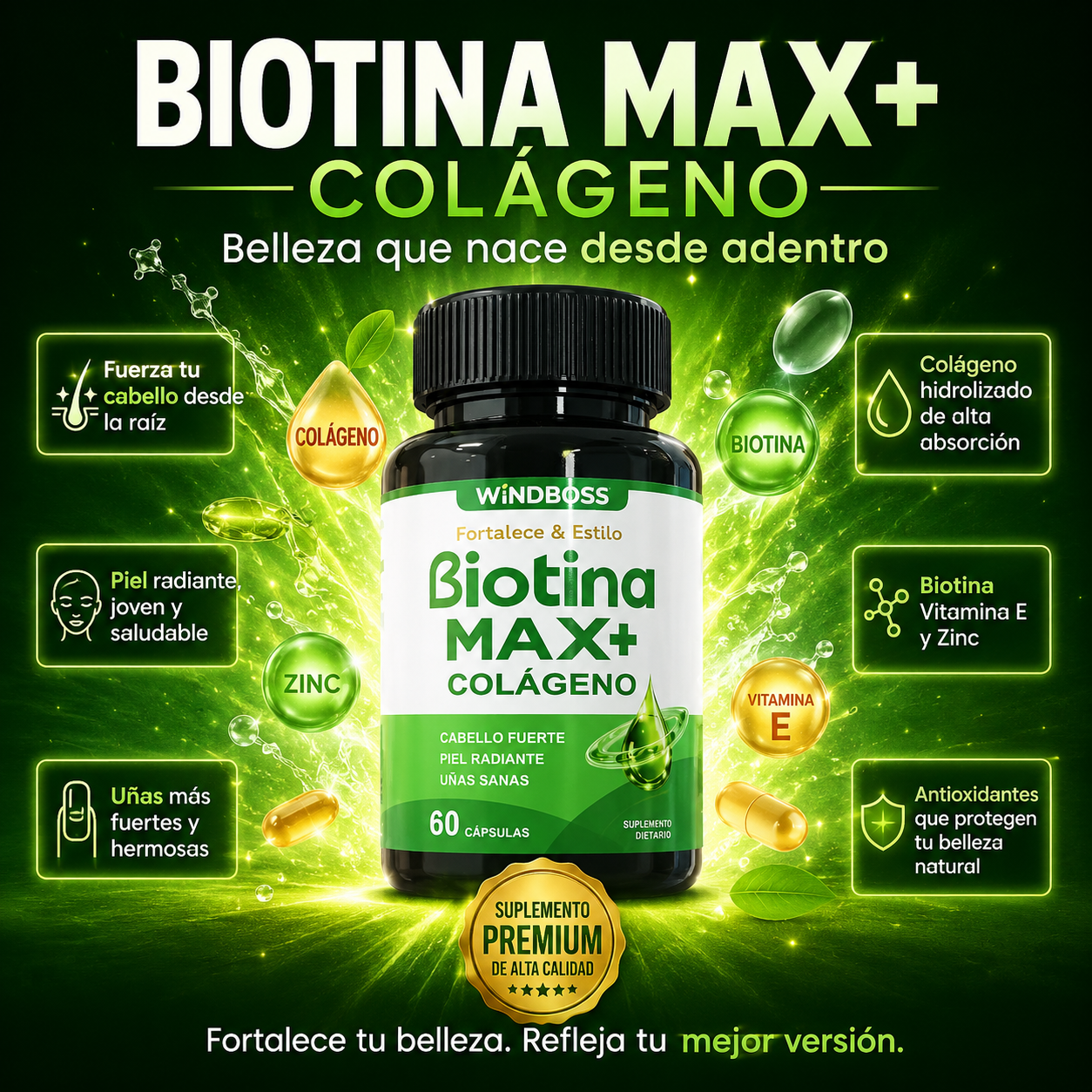 BiotinaMax – Colágeno Hidrolizado con Biotina para Cabello Más Fuerte, Piel Radiante y Uñas Resistentes