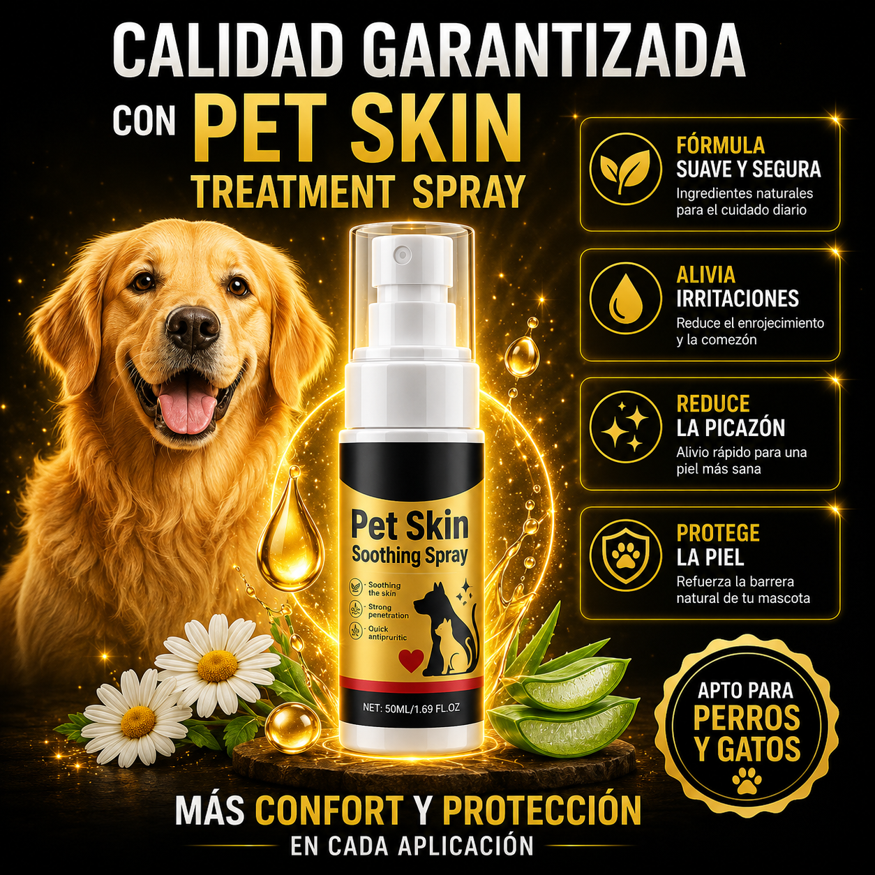 PetDerma – Spray Reparador para la Piel de Mascotas, Alivia Irritación y Favorece la Recuperación